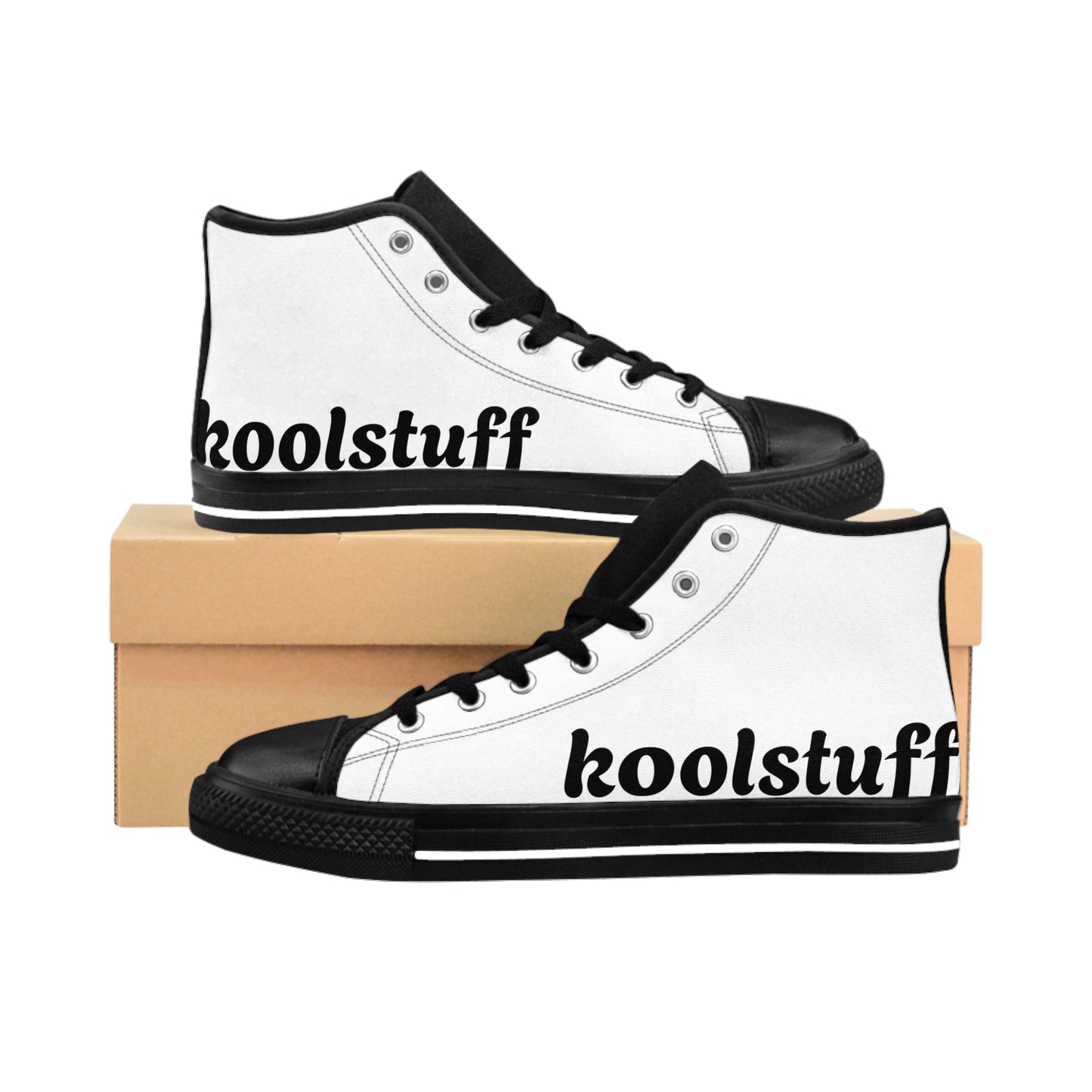 Trendy Women&#039;s Classic Sneakers - Stylish Black and White High Tops with Kool Stuff Logo